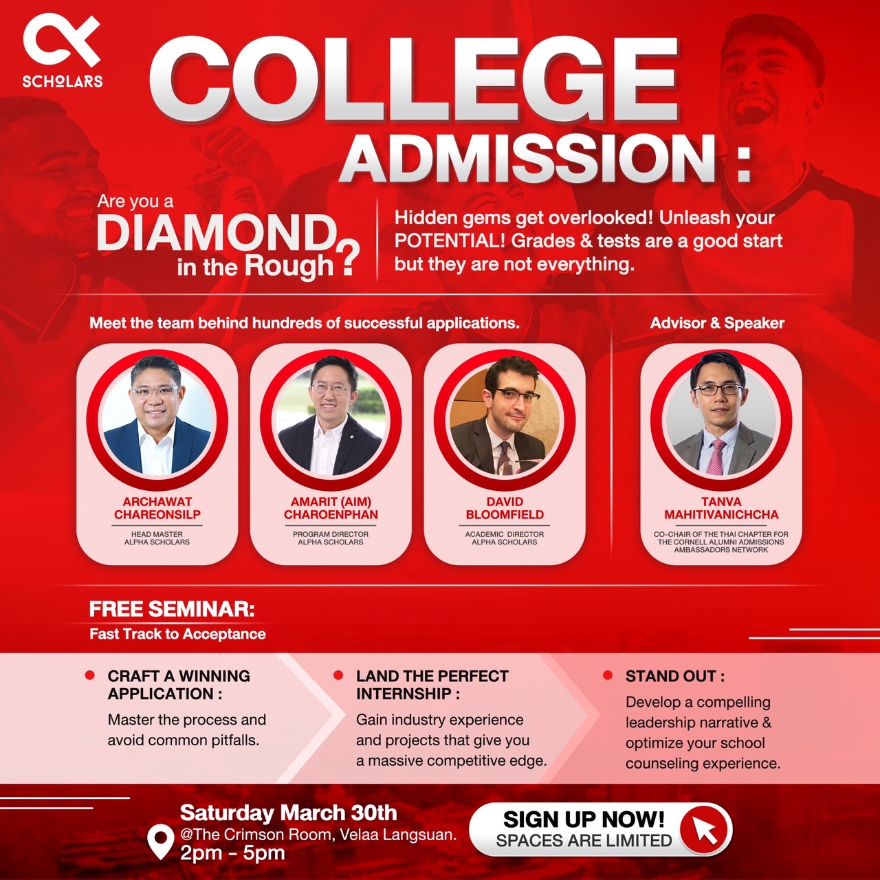 Alpha Scholars seminar poster: College Admission — Are you a diamond in the rough? Featuring the Alpha Scholars counseling team.